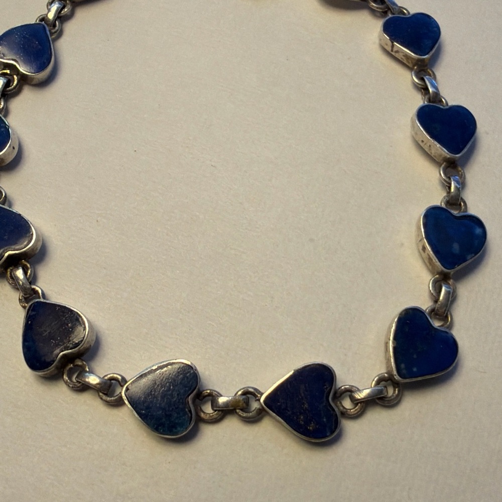 Vintage sterling 925 Lapis delicate Blue Heart Bracelet 7 1/2"
